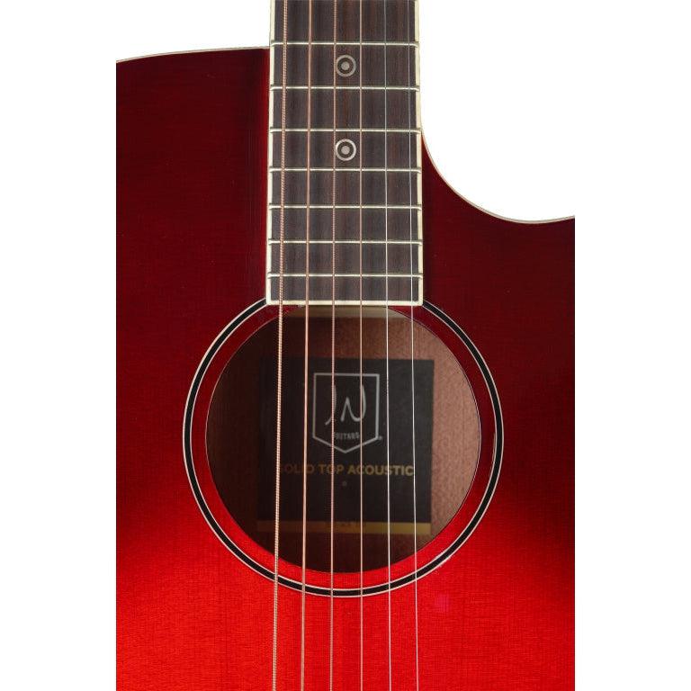 JN Guitars BES-ACE TRB Transparent redburst auditoriumgitarr med massiv gran topp och B-band pick-up