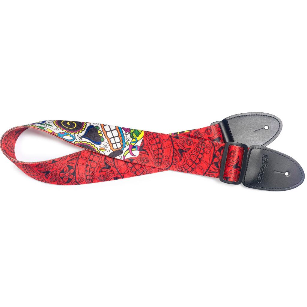 Stagg Red Terylene Guitar Strap With Big Mexican Skull Pattern