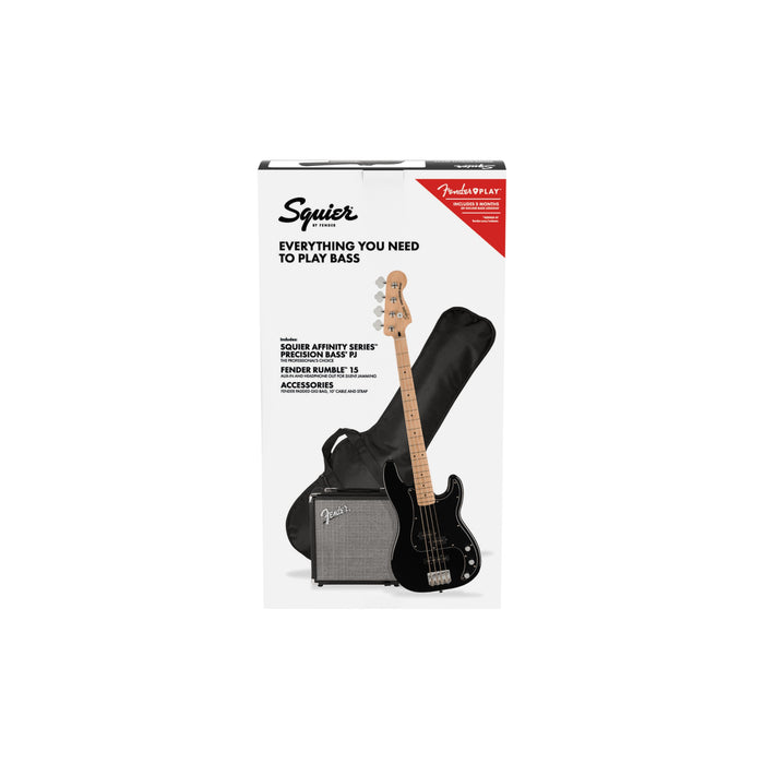 Squier Affinity Series™ Precision Bass® PJ Pack, Lönn Gripbräda, Svart, Gig Bag, Rumble 15 - 230V EU