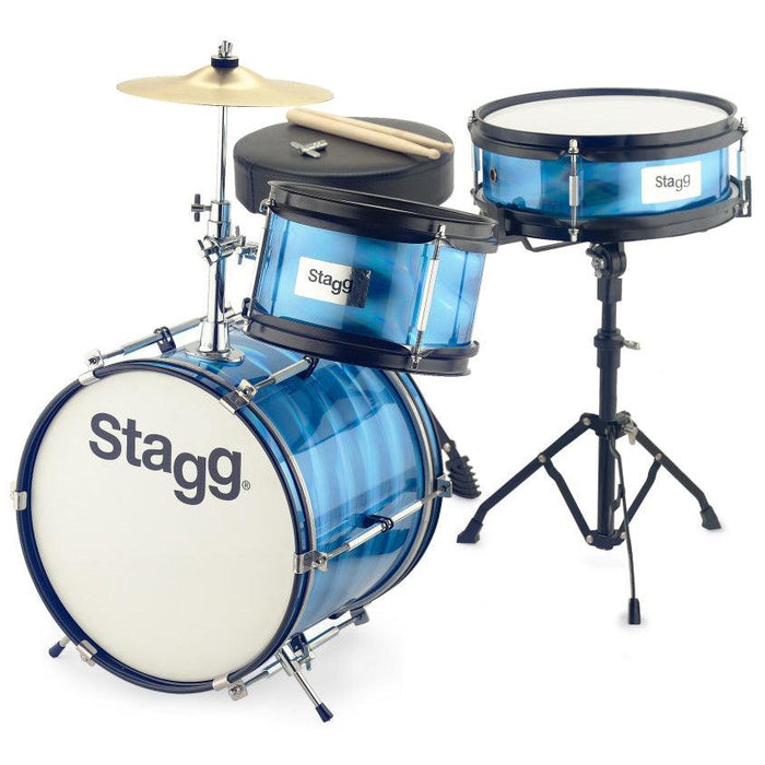 Stagg komplett juniortrumset med stativ, pedal, cymbal och stol, 8"/10"/12", blå