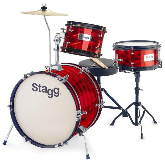 Stagg komplett juniortrumset med stativ, pedal, cymbal och stol 8"/10"/16", röd