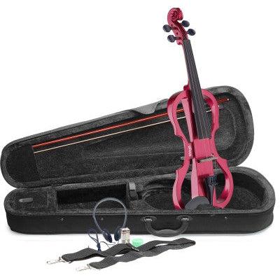 Stagg 4/4 elektrisk fiolset med metallisk röd elektrisk fiol, mjukt fodral och hörlurar