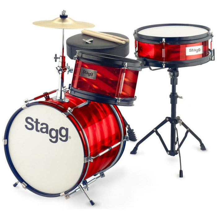 Stagg komplett juniortrumset med stativ, pedal, cymbal och stol, 8"/10"/12", röd